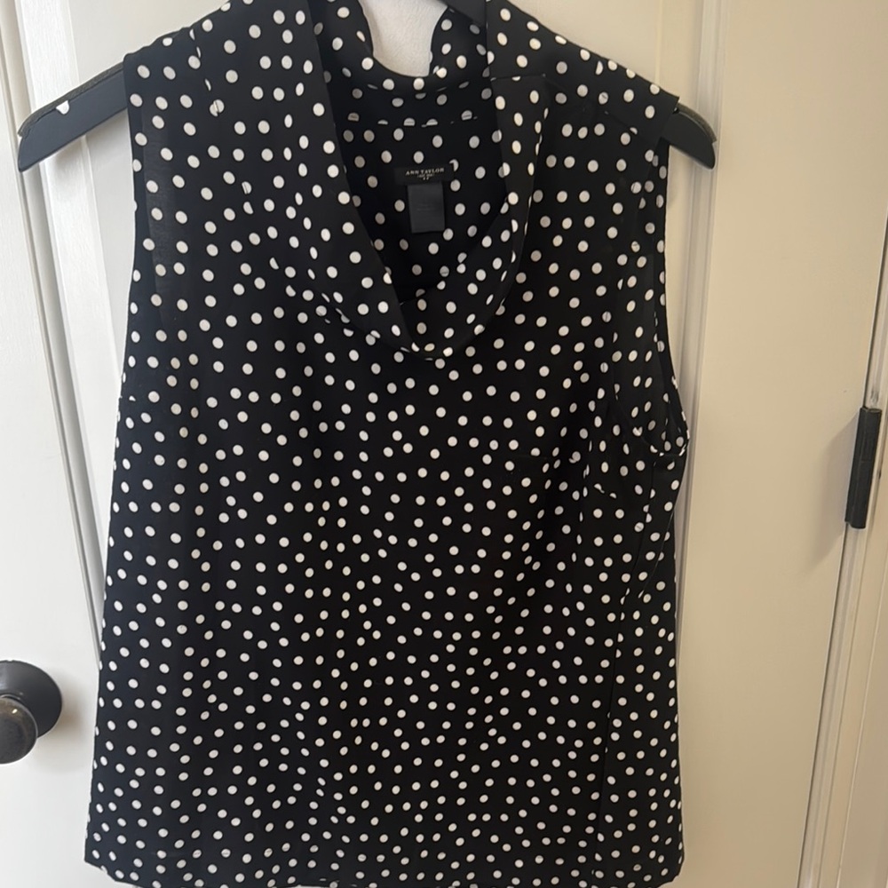 Ann Taylor Black and White Polka Dot Mandarin Collar Blouse